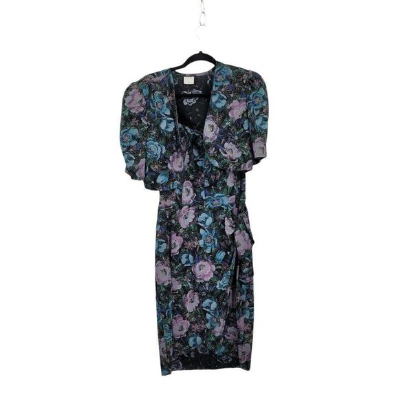 Vtg 80's Womens Dress Set Strapless Smocked Sweetheart Faux Wrap Floral Blk XS - Picture 6 of 13